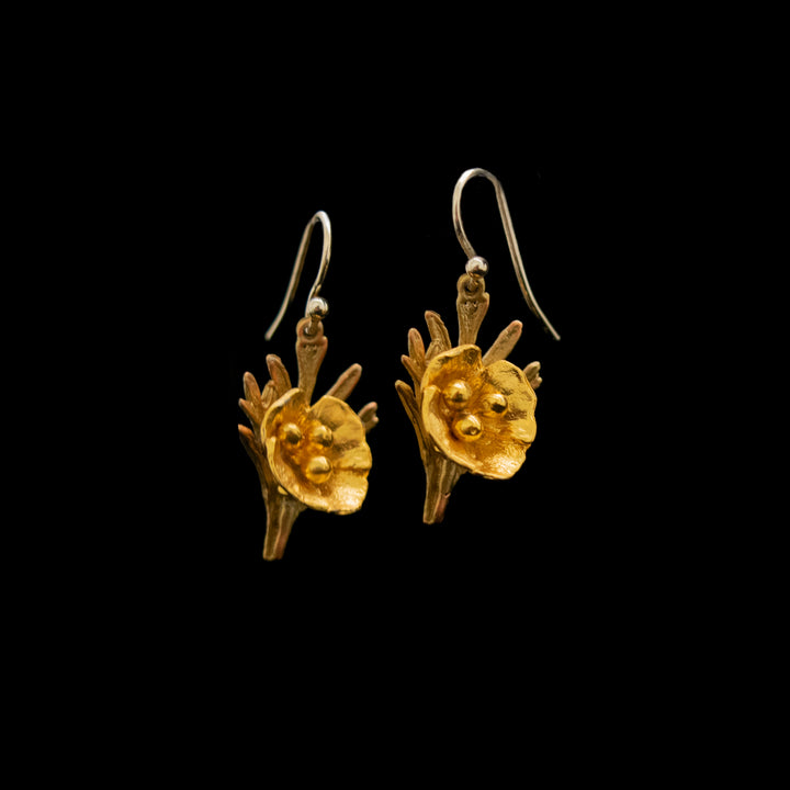 Fine California Poppy Earrings - Leaf Wire